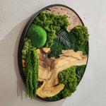 Detail of preserved moss texture and smooth wood grain in handcrafted wall decor by MOSSMOOD - the product Botanic Bloom.