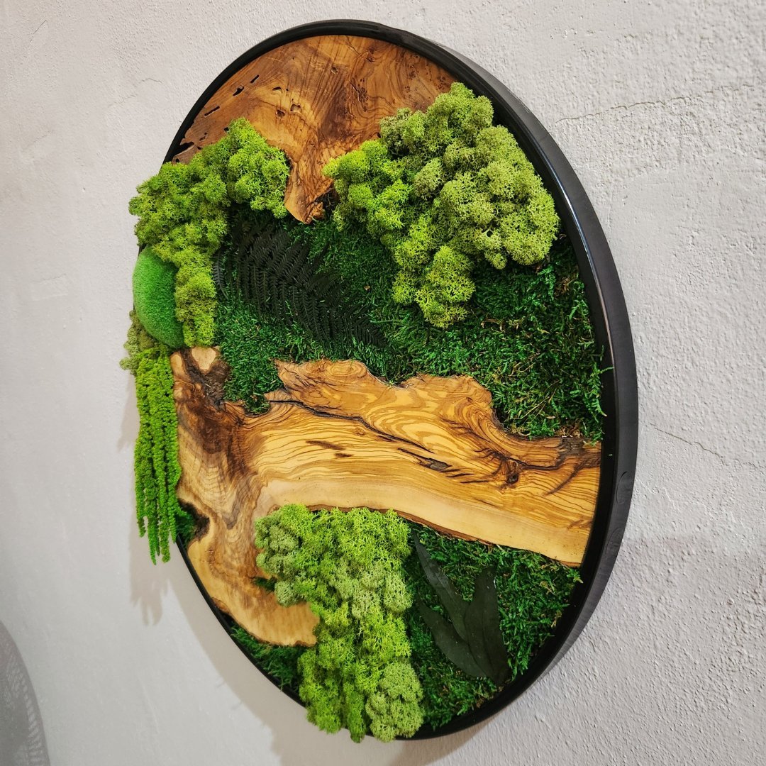 Detail of preserved moss texture and smooth wood grain in handcrafted wall decor by MOSSMOOD - the product Botanic Bloom.