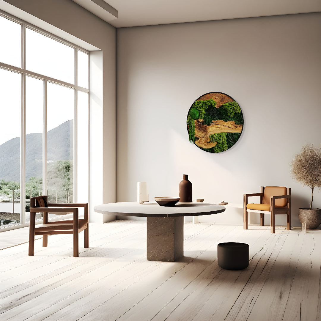 Modern wood and moss wall art by MOSSMOOD hanging on white wall in minimalist room - the product Botanic Bloom in size large.