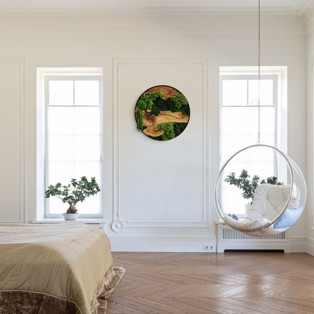 Modern wood and moss wall art by MOSSMOOD hanging on white wall in minimalist room - the product Botanic Bloom.