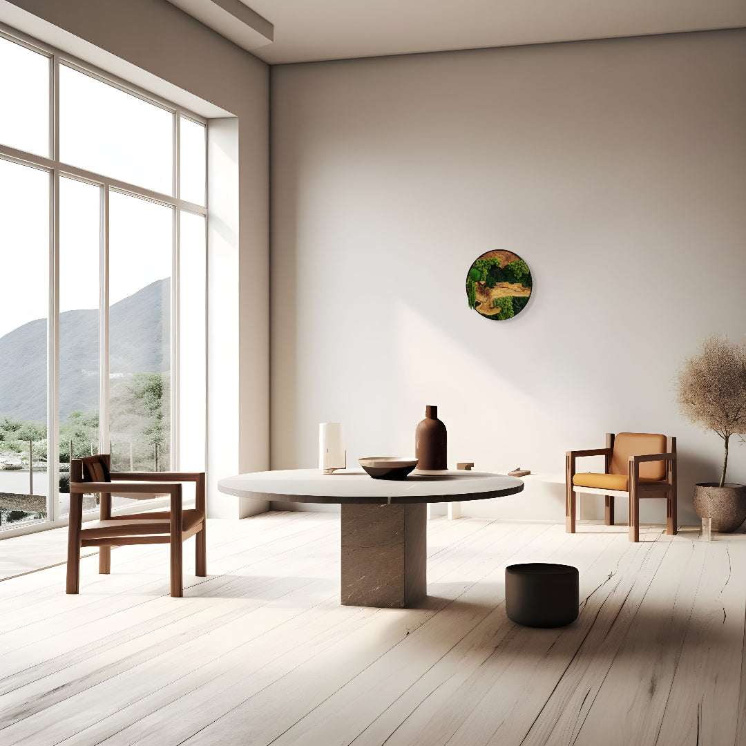 Modern wood and moss wall art by MOSSMOOD hanging on white wall in minimalist room - the product Botanic Bloom in size small.